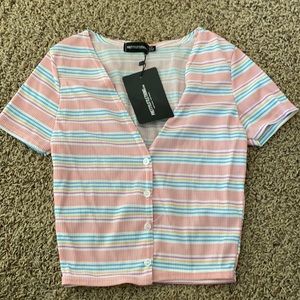 Pretty Little Thing Ribbed Stripe Button up Crop top NEW WITH TAGS (Size US 4)